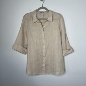 Chico's‎ Shirt Womens 16 3 Beige 100% Linen No Iron Button Front 3/4 Sleeve